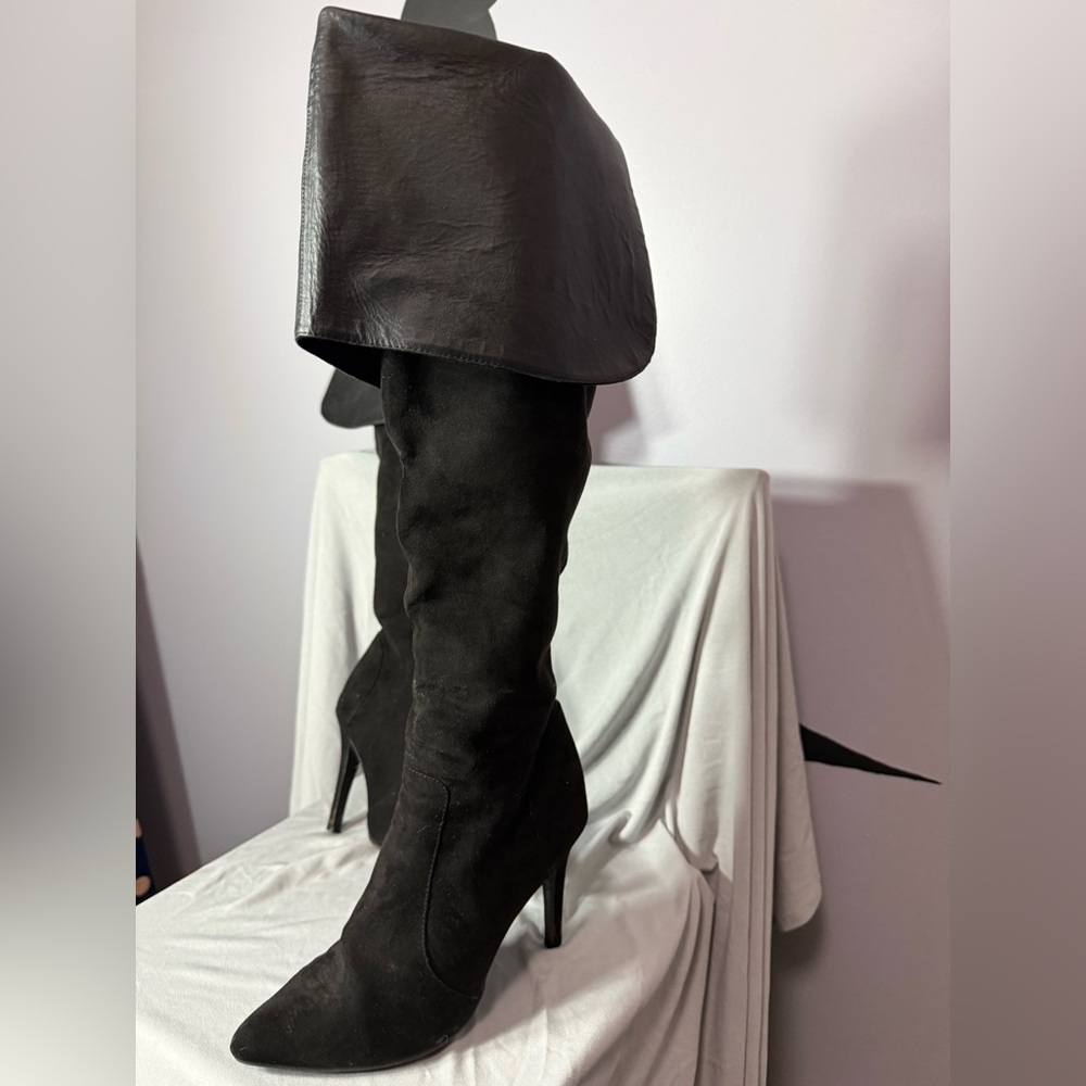 Aliz Black Over-the-Knee Stiletto Boots | Fold-Over Cuff | Statement Thigh High - Picture 3 of 7